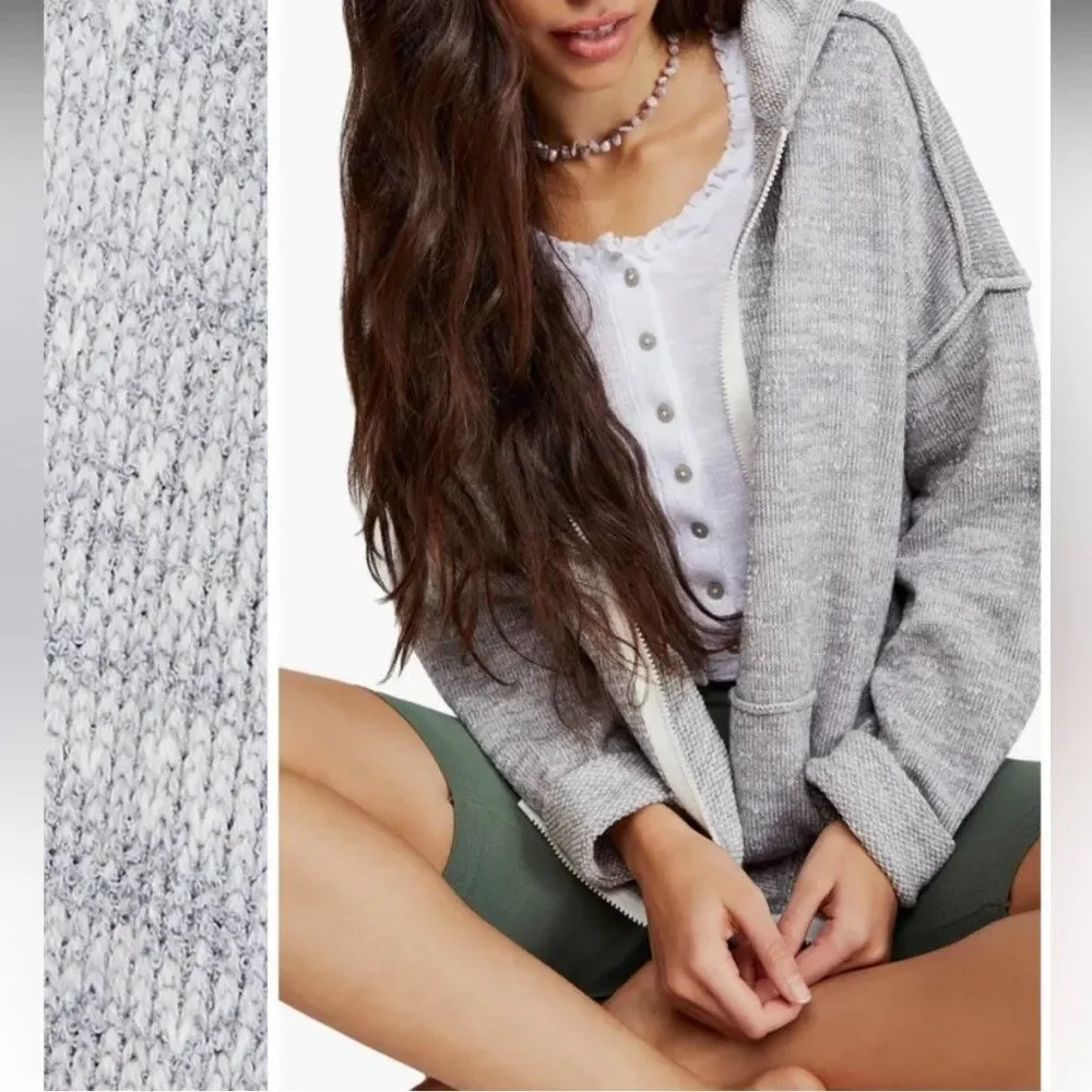 Free People Sz M In Bloom Knit Hoodie Sweater Gray White Oversized Full Zip Boho
